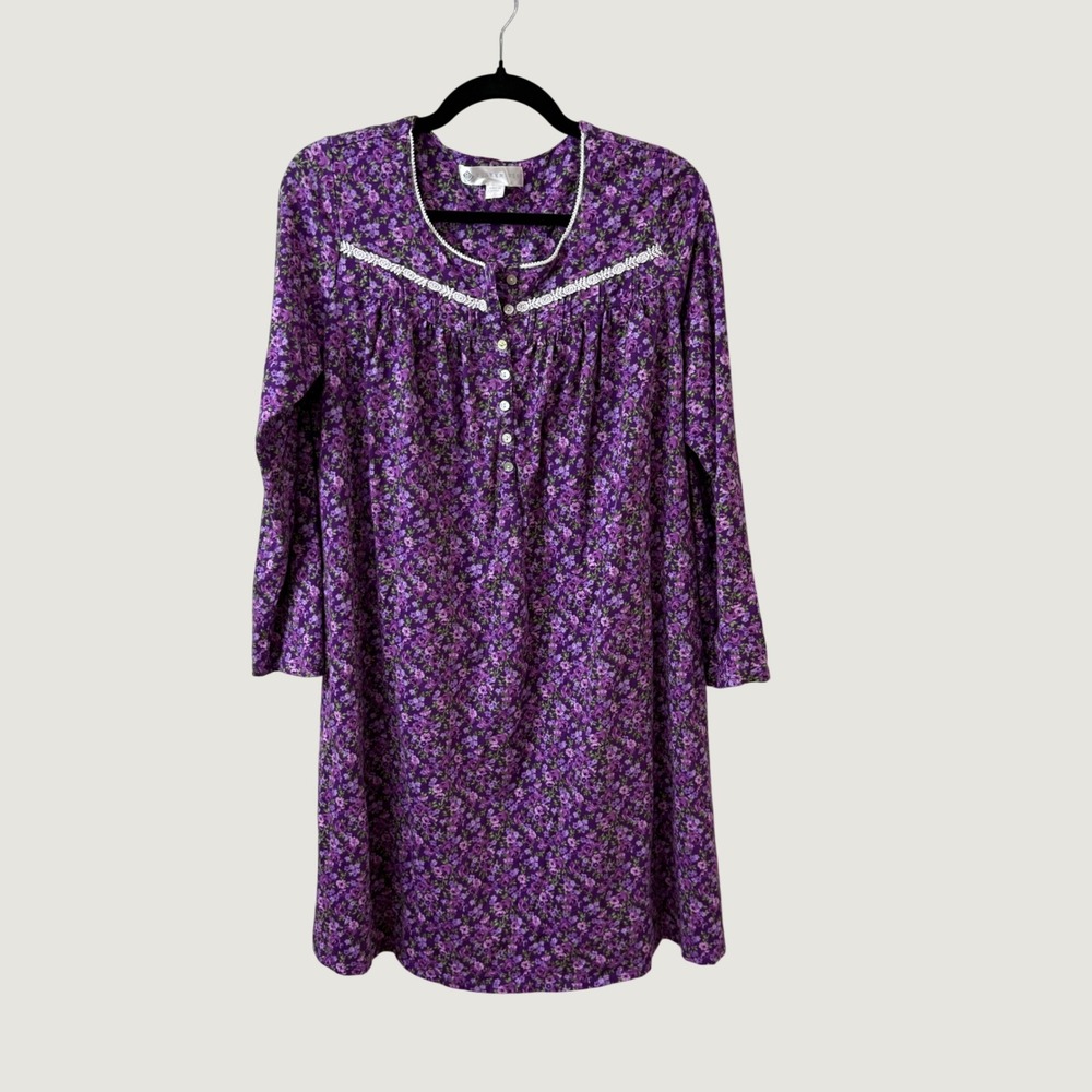 Eileen West Nightgown Purple Floral Cotton Lace Trim Sz S Cottagecore Sleepwear
